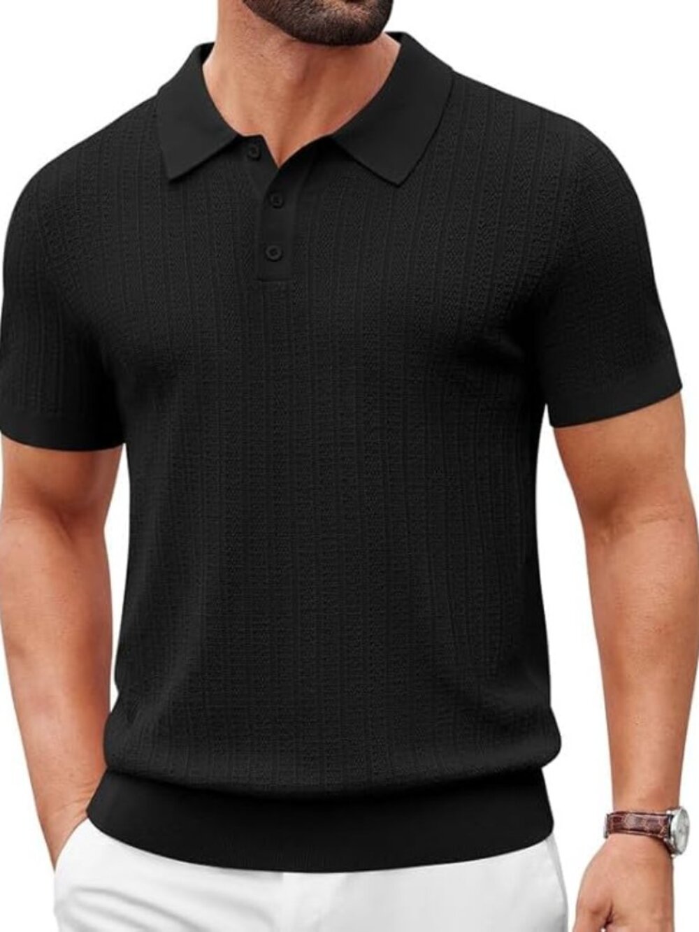 Men's All Black Casual Knit Polo Short Sleeve Slim T-Shirts Fit Textured